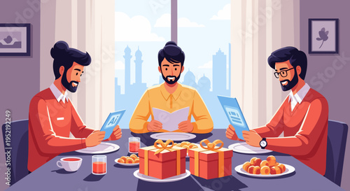 Men eating at table.