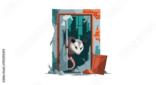 Opossum in a broken door frame. Vector Illustrations. EPS Editable