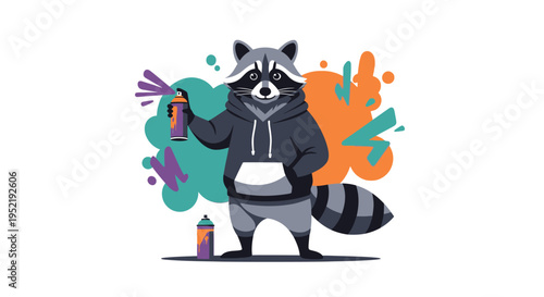 Raccoon wearing hoodie holding spray. Vector Illustrations. EPS Editable
