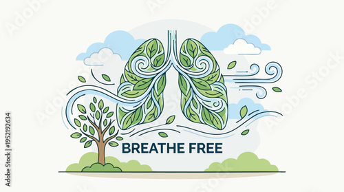 Illustration of Healthy Lungs and Tree with Breathe Free Message Promoting Clean Air and Respiratory Well-being