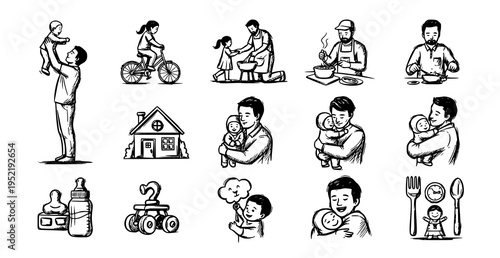 Fatherhood Sketch Icons Collection with Parenting Activities and Dad Child Interaction Hand Drawn Vector Set