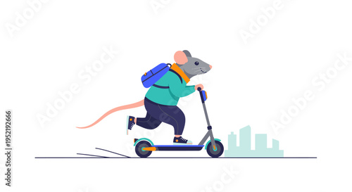 Rat riding electric scooter fast outside. Vector Illustrations. EPS Editable