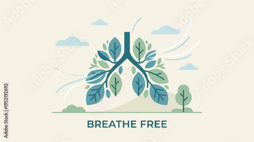 Illustration of healthy lungs with leafy branches symbolizing clean air and breath free message for environmental health awareness