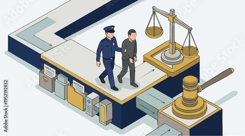 Illustration of police officer and suspect walking on courthouse steps with legal symbols and files