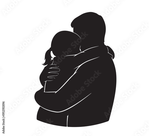 Silhouette illustration of a loving father embracing his daughter with warmth and affection, symbolizing family bond and protective parental love