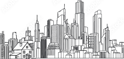 A black and white cityscape drawing of a modern metropolis with skyscrapers and high rise buildings
