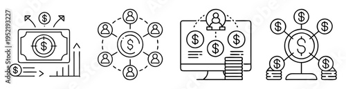 Four illustrations depicting different business and financial income models