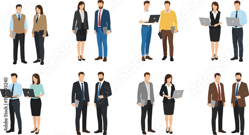 Business professionals with laptops and documents collection, corporate office workers teamwork concept, workplace vector illustration set characters