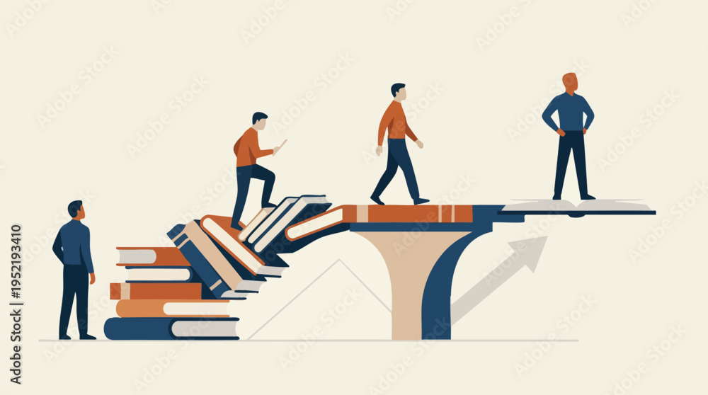 Fototapeta premium People advancing on a bridge composed of books symbolizing learning and education, with a contrasting broken bridge indicating challenges in knowledge sharing