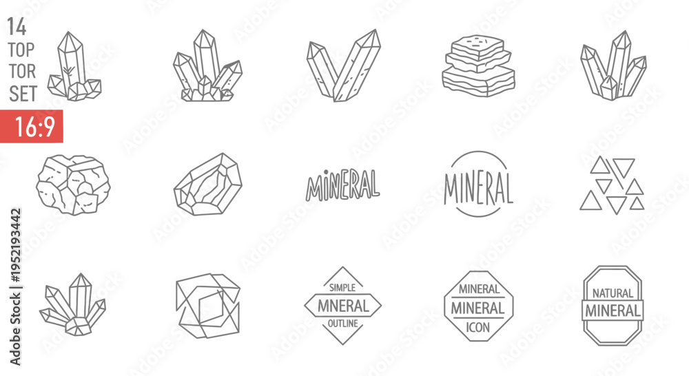 Fototapeta premium Crystal and mineral gemstone outline icons with geometric stone emblems for jewelry logo design
