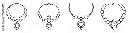 Elegant necklace outline drawing illustration featuring different pendant styles and beaded designs