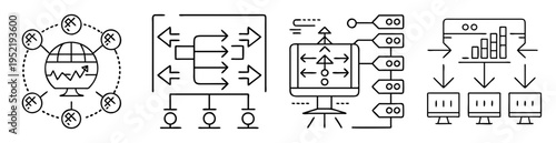 Four distinct network architectures representing data flow and processing paradigms