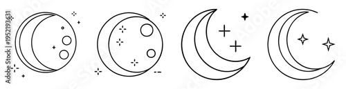 Hand drawn lunar phase moons and stars in black outline style illustration