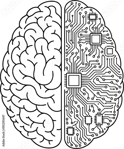 Minimalist AI and human brain circuit fusion line art, "Created with AI assistance and manually refined."