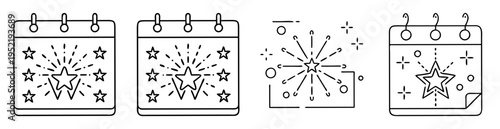 Four unique celebratory calendar pages with a radiant burst of stars