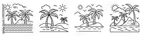 Black and white outlined sketches of beach scenes featuring palm trees