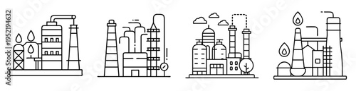 Stylized monochrome illustrations of industrial plants and factories, vector graphics