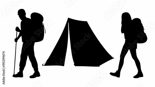 Black silhouettes of hikers with tent camping and hiking icons outdoor adventure symbols