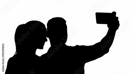 Black silhouette vector of couple taking selfie with smartphone