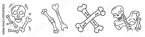 assorted monochrome line art drawings of skulls and bones in varied arrangements