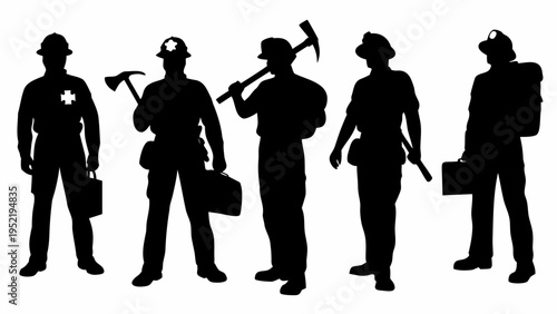 Emergency workers silhouette collection with tools and equipment