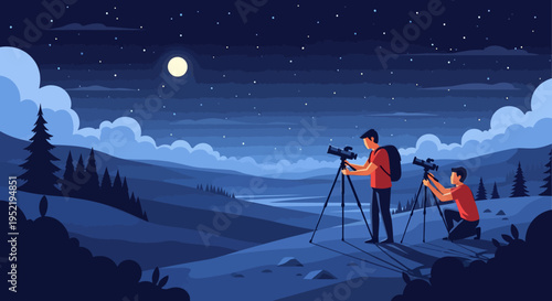 People Using Telescopes Outdoors.