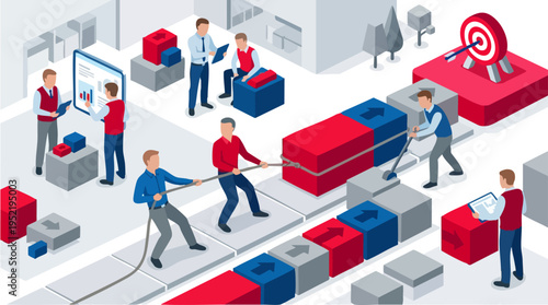 Team of people working together to build and assemble colorful 3D puzzle blocks on a conveyor belt in a collaborative office environment