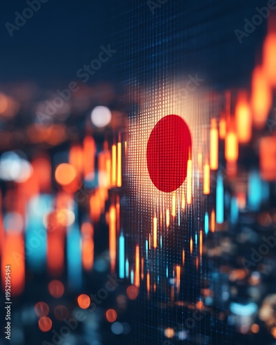 Digital stock market chart with glowing candlesticks and the Japanese flag in the background, symbolizing Japan's financial market trends.