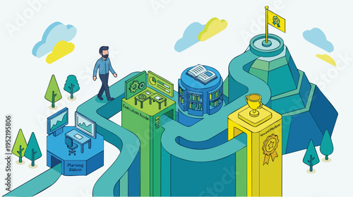 Business and technology innovation concept with an executive node, planning station, and certification on a mountainous landscape