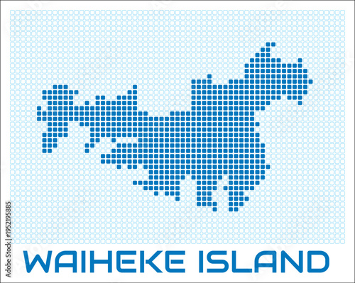 Waiheke Island digital style map with blue rounded rectangle dots. New Zealand. Dotted boundary shape. Waiheke Island blue colored map and title on white background. Vibrant Vector Illustration.