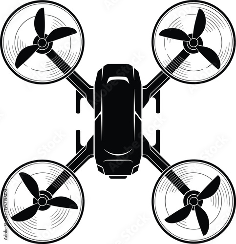 "Top-down black and white silhouette illustration of quadcopter drone with four rotors, compact body, landing gear, and mounted camera for aerial photography, videography, surveillance, and modern 
