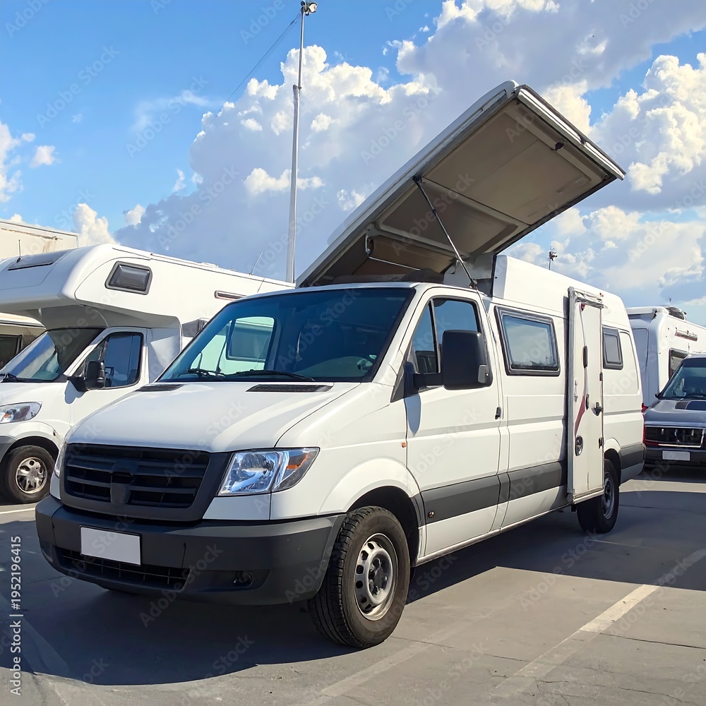 Fototapeta premium A white camper van with its roof lifted