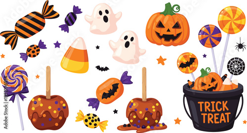 Halloween Candy Collection with Pumpkin Ghost Lollipop Caramel Apples Trick or Treat Bucket and Spooky Sweets Vector Illustration Set