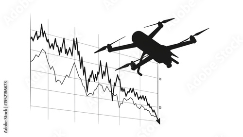 Stock Market Decline with Drone Silhouette – Economic Impact of Conflict, Financial Downtrend and Crisis Concept