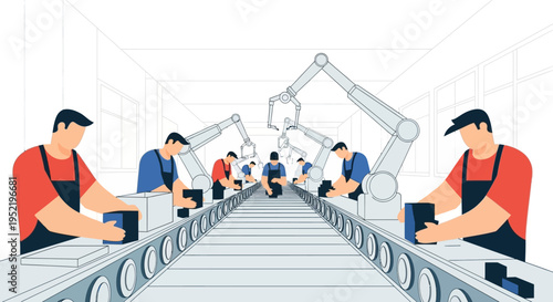Illustration of factory workers on a production line with robotic arms in a modern industrial setting with a neutral mood.