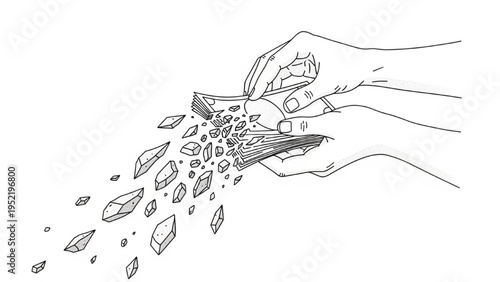 Money Collapse Illustration – Cash Crumbling into Pieces, Financial Loss and Economic Crisis Concept Line Art
