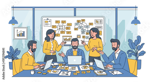 A diverse group of business professionals collaborating around a conference table with laptops and papers in a modern office setting with blue tones and a professional mood.