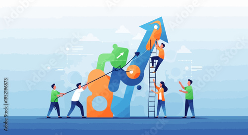 Illustration of a team working together to build and push a large upward trending graph with colorful blocks and arrows in a bright blue background with white clouds.