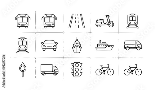 Transport line icon set with bus car train bicycle and traffic symbols in minimal editable stroke style for UI