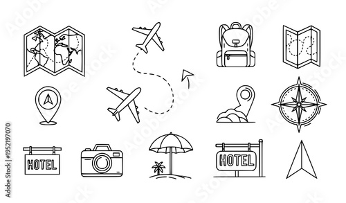 Minimal monoline travel icon collection with editable stroke for websites books and tourism articles