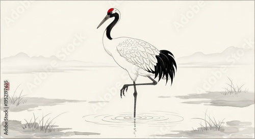 Elegant depiction of a wading bird with black and white plumage standing on one leg in still water.