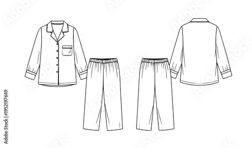 Silk pajama outfit vector template with long sleeve shirt and pants front and back view fashion design