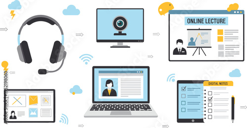 Online Education and E Learning Set with Headphones Video Call Lecture Laptop Digital Notes and Remote Study Vector Illustration