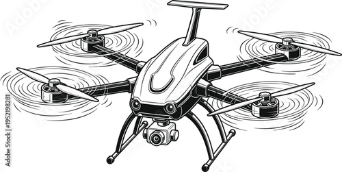 "Black and white detailed illustration of quadcopter drone in flight with four rotors, mounted camera, landing gear, and motion lines for aerial photography, , surveillance, and modern technology 