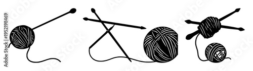 Knitting needles set with solid black silhouette of knitting needles and yarn ball featuring silhouette, black line art, yarn with needles and hobby