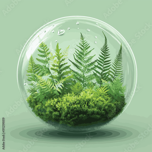 Green moss and fern plant in protective bubble with water droplets, concept of nature, growth, and conservation in a delicate ecosystem , vector style simple color