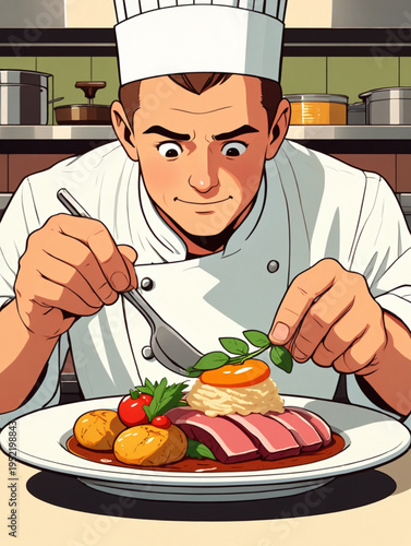 Cartoon chef finishing a dish with garnish