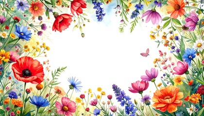 A colorful floral border with various flowers and foliage