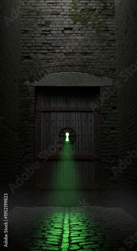 Ancient stone archway conceals a thick wooden barrier illuminated by eerie green light escaping from a keyhole