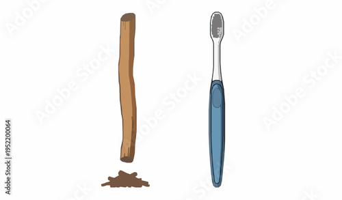 Miswak vs toothbrush dental care comparison vector illustration